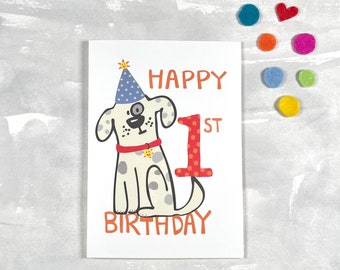1st Birthday Card - Cute Dog Greeting Card  - First Birthday Dog Card  - 1 Year Old Party