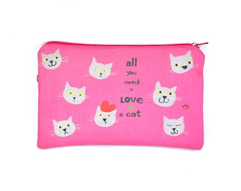 Cat Lover Zipper Pouch / Grey Kitty / All You Need is Love & a Cat