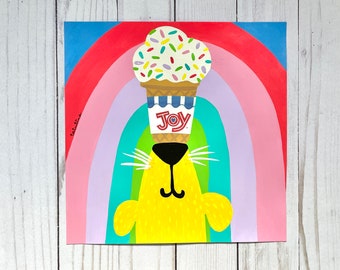 Rainbow Sprinkles - Ice Cream Joy Original Painting - Acrylic & Collage - Summer house art - Golden Retreiver- Yellow Lab
