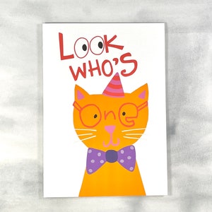 Cartão de primeiro aniversário - Cartão de felicitações de gato fofo - Cartão de primeiro aniversário de gato - Festa de 1 ano