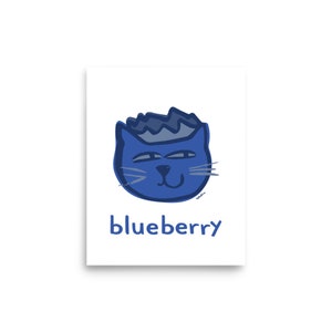 May include: A blue cat with a crown on its head and the word "blueberry" written below it.