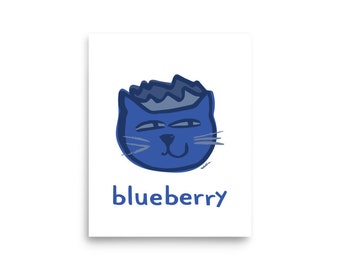 Blueberry Fruit Print - Blueberry Cat Face - Fruit Fella - Summer Fruit Wall Art - Cute Fruit Painting