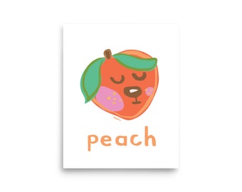 May include: A cartoon peach with a closed-eye expression and a small nose. The peach is orange with a pink blush and green leaves. The text "peach" is written below the peach.
