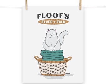 White Cat Laundry Room Print, Bathroom Wall Art Cat Print, Laundry Sign, Fluffy Floof Cat,  Laundry Room Decor