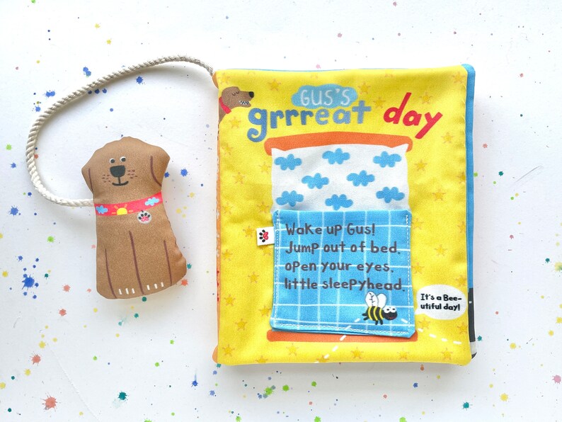 Soft Baby Book Gus's Grrreat Day Dog Lover Baby Gift Organic Cotton Fabric Interactive Toddler Toy Baby Shower Gift image 2