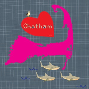 Chatham Kunstdruck, „I heart Chatham“, Hai Print, Chatham MA, Cape Cod, Jaws Print, Beach House Art