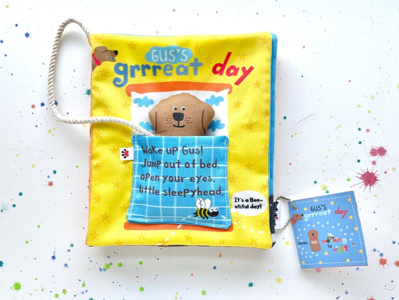 Soft Baby Book Gus's Grrreat Day Dog Lover Baby Gift Organic Cotton Fabric Interactive Toddler Toy Baby Shower Gift image 1