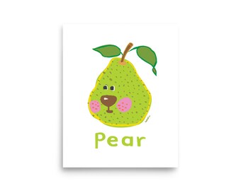 Pear Fruit Print - Green Pear - Fruit Fella - Summer Fruit Wall Art - Cute Fruit Painting