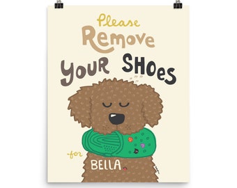 Golden Doodle -  Please Remove Your Shoes Print - Personalized with your Dog's Name and Favorite Shoe - Fun Entryway Wall Art