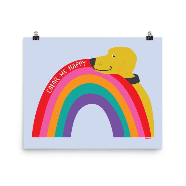 Niedlicher Hunde-Regenbogendruck – Color Me Happy – Kinderzimmer-Wandkunst – gelbes Labor – Golden Retriever – Schokoladen- oder schwarzes Labor