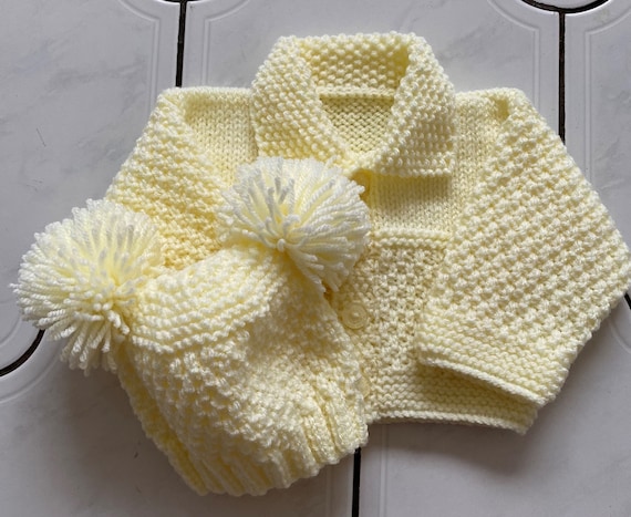 TO ORDER Hand Knitted Newborn Collar Cardigan and Hat Lemon