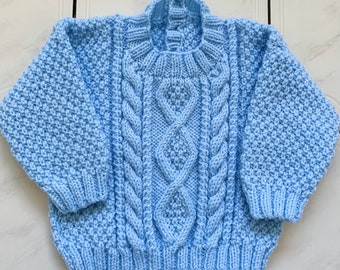 Hand Knitted 3-6 Months Baby Blue Aran Jumper 16-18 inch