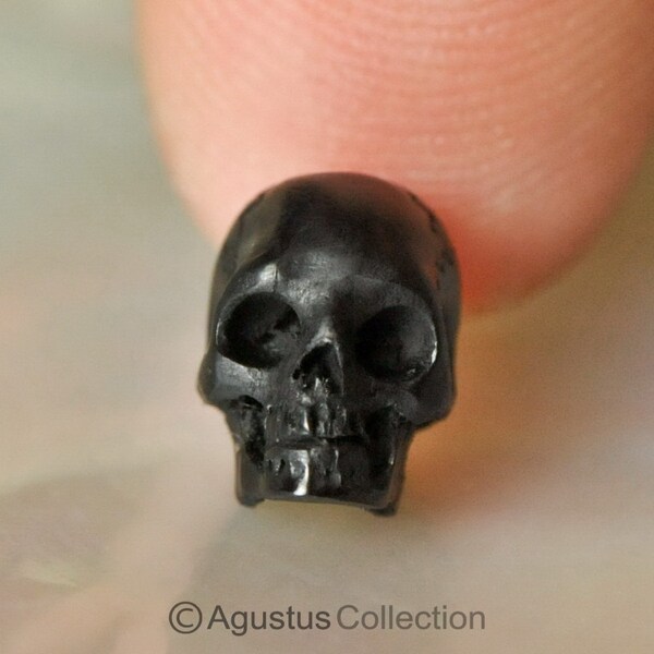 5mm Tiny Human Skull Black Bovine Horn Bali Carving 1mm vertically drilled hand-carved