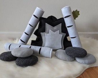 Campfire Play Set, Pretend Fire, Felt Camp Fire, Monochromatic Toys, Black and White Nursery, Modern, Montessori Toys