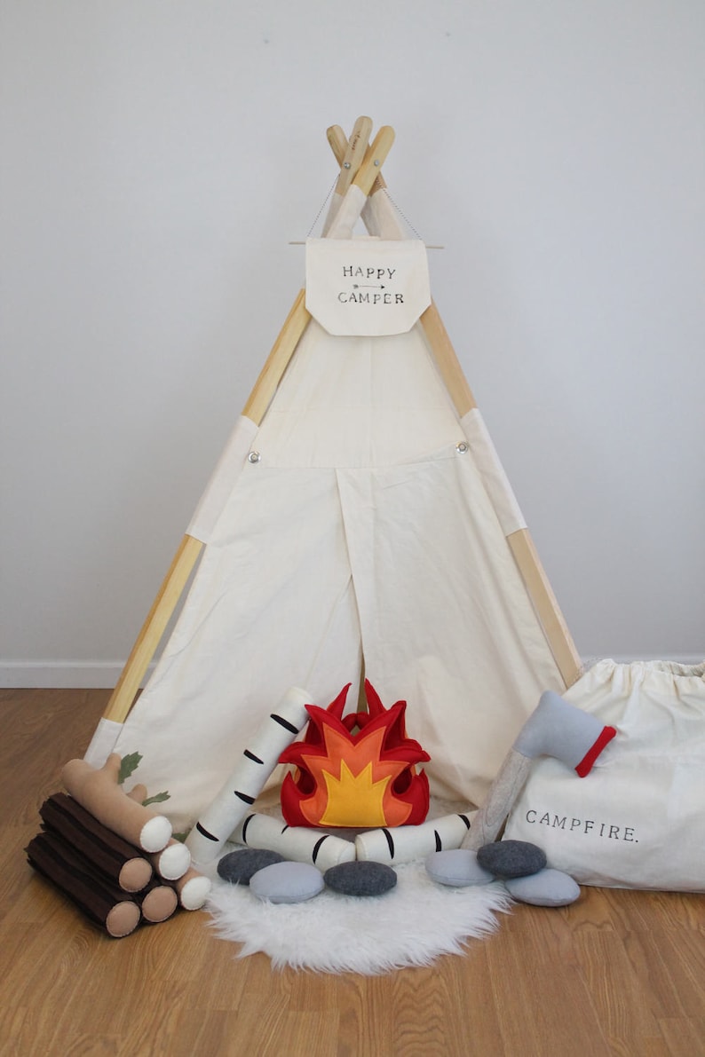 Felt Campfire, Campfire Playset, Pretend Campfire, Felt Fire, Toy Campfire, Light Up Fire, Birch Logs, Felt Food, Teepee Play, Tents image 7