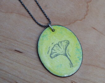 Enamel Hand Drawn Ginkgo Leaf Green Pendant Necklace