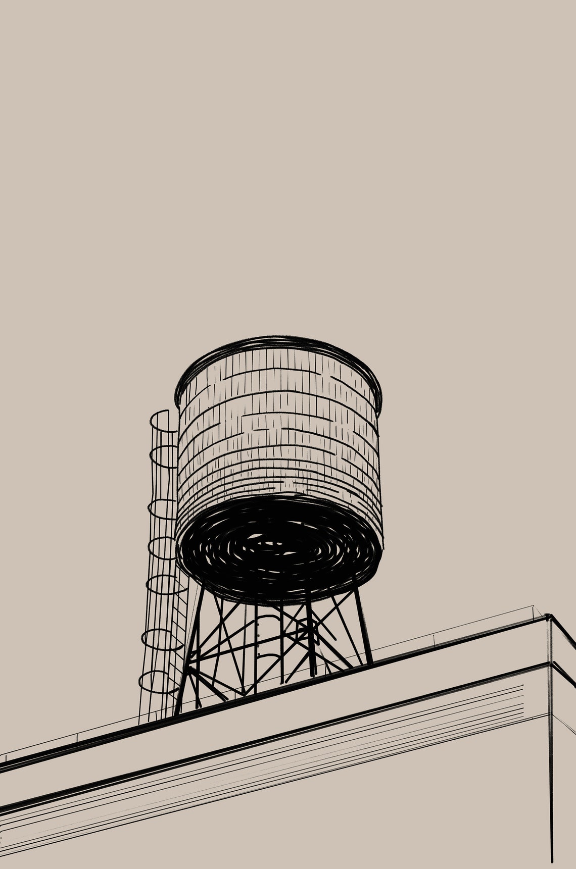 Water tower drawing wall art print Etsy