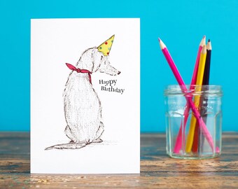 Dog Birthday Card - Dog Lovers Card - Dog Card - Dog With Hat Card - Illustrated Dog Card