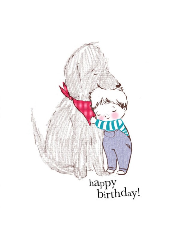 Happy Birthday Dog Card Cute Dog And Boy Card Dog Birthday Etsy