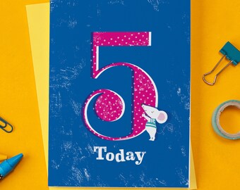 5th Birthday Card - 5 Today Card - Bright Happy 5th Birthday Card, Cute Age Card, Cute 5 Card, 5th Birthday Mouse Card