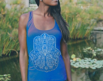 Women's Blue Bamboo Tank, Hamsa Print, Sustainable fashion, Yoga gift