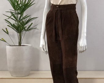vintage Giorgio Sant’Angelo brown suede paper bag waist pleated trousers 80s