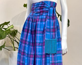 vintage Bill Tice vibrant blue plaid silk skirt w/ ruffled hem & fringed wrap sash 70s