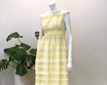 vintage Lorrie Deb pastel sunshine yellow & lace overlay formal maxi length dress 60s