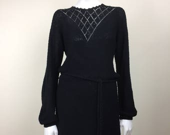 black nubby knit sweater dress w/ beaded openwork & bishop sleeves 70s