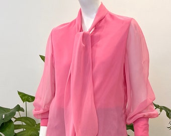 vintage Saks Fifth Avenue hot pink pussycat bow chiffon blouse w/ sheer full sleeves 60s