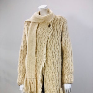 vintage fringed natural cream wool fisherman sweater coat with attached scarf 70s