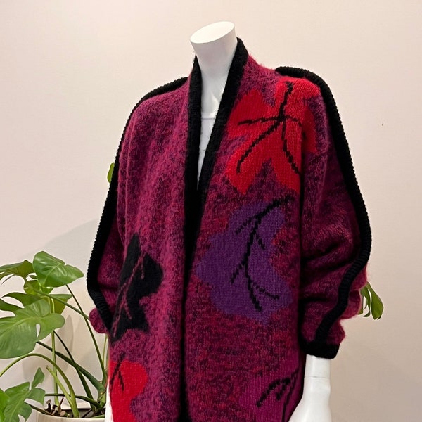 vintage chunky & oversized magenta intarsia knit heather wool sweater coat 80s