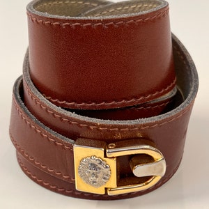 vintage Anne Klein brown leather wrap belt w/ logo buckle 80s