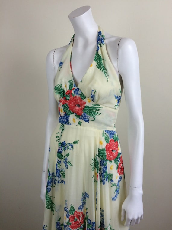 vintage bright flower print halter maxi dress 70s - image 1