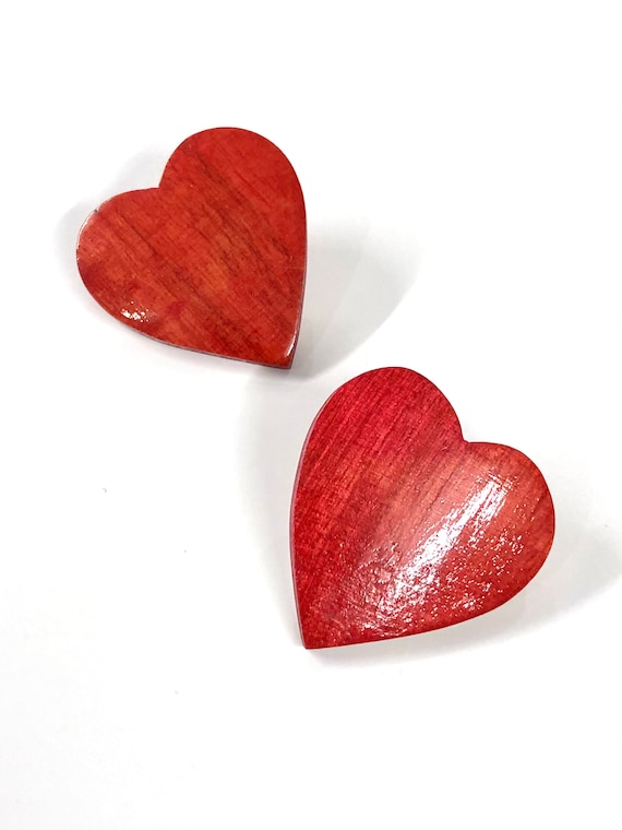 vintage handmade cherry red wood heart earrings 8… - image 3