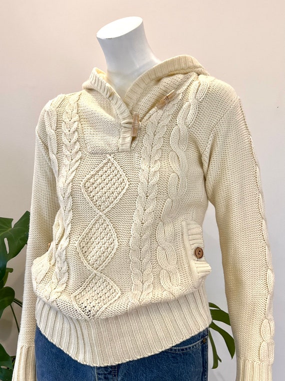 vintage ivory cable knit hooded pullover sweater … - image 1
