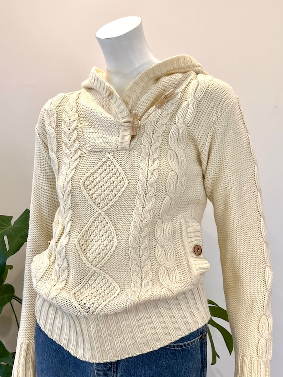 vintage ivory cable knit hooded pullover sweater … - image 1