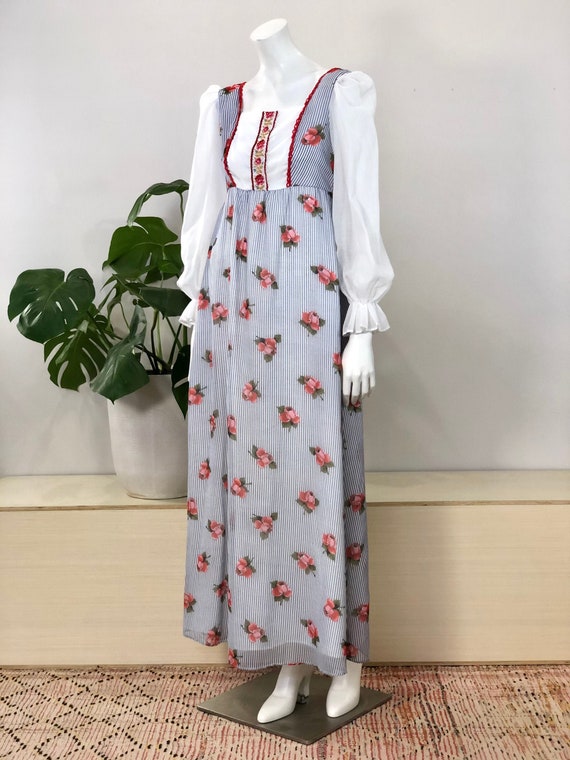 vintage rose & stripe print maxi length peasant d… - image 1