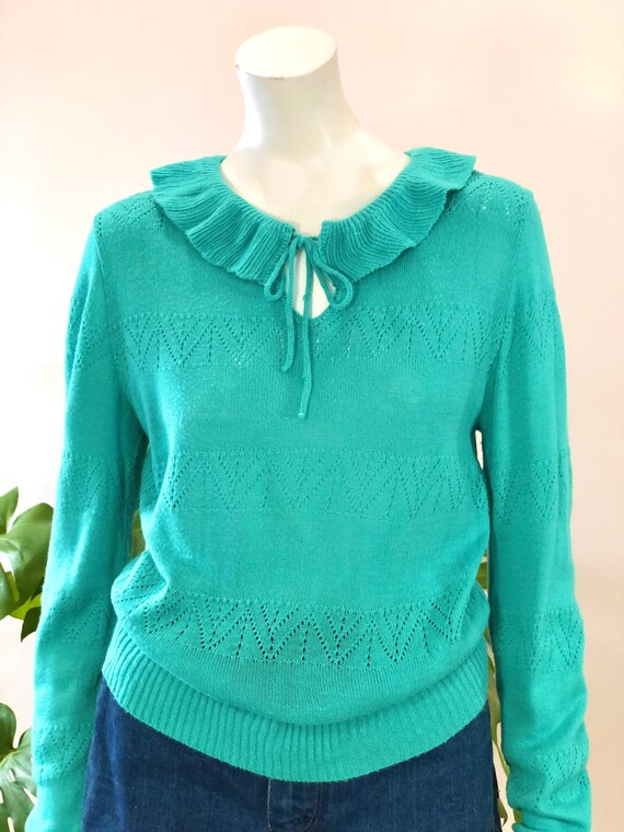 vintage turquoise green pointelle knit lightweigh… - image 5