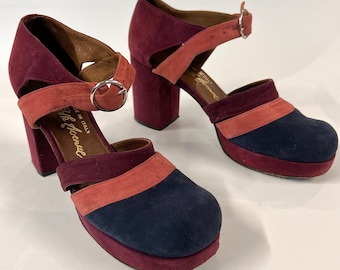 vintage Saks Fifth Avenue colorblock suede platform ankle strap heels 60s