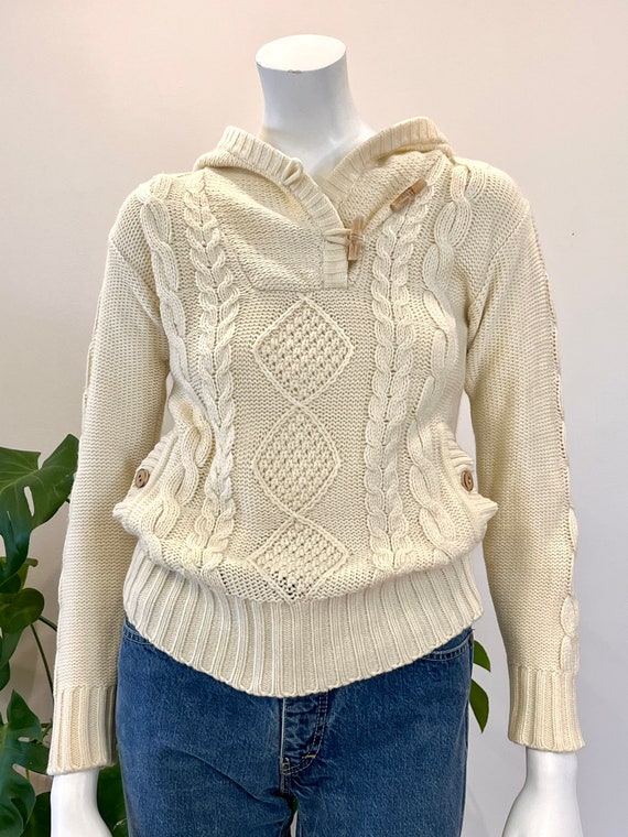vintage ivory cable knit hooded pullover sweater … - image 2