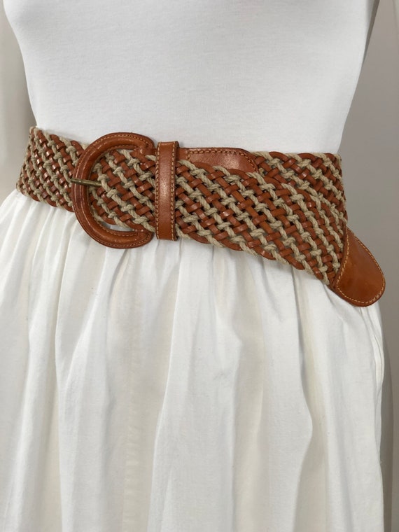 vintage wide leather & rope cord braided belt 80s - image 6