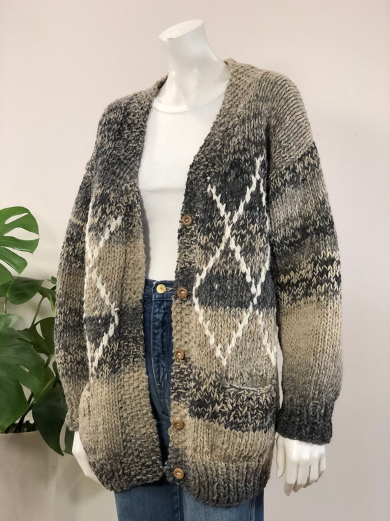 vintage chunky hand knit grey & oatmeal argyle car