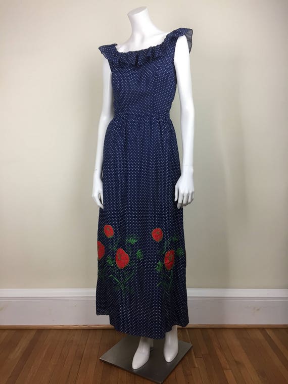 vintage navy polka dot maxi dress w/ embroidered … - image 1