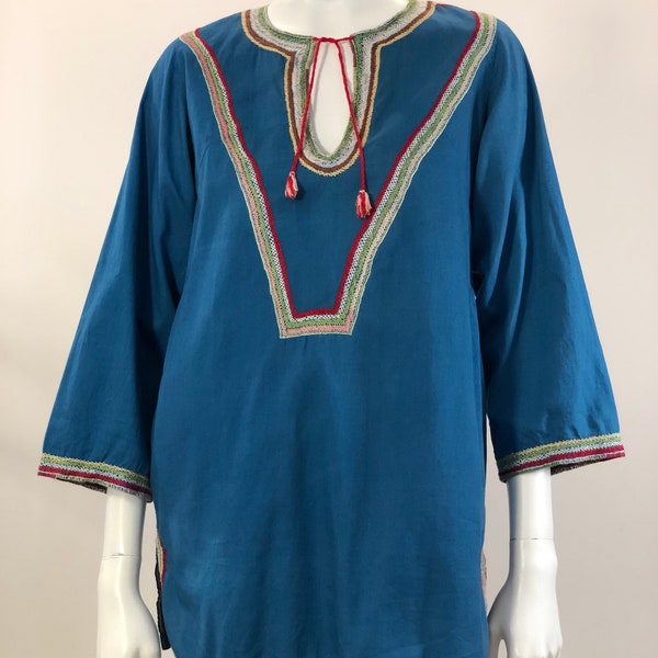 vintage cross stitch embroidered blue cotton tunic 60s