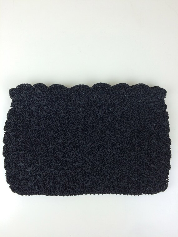 vintage black crocheted corde clutch handbag 50s - image 3