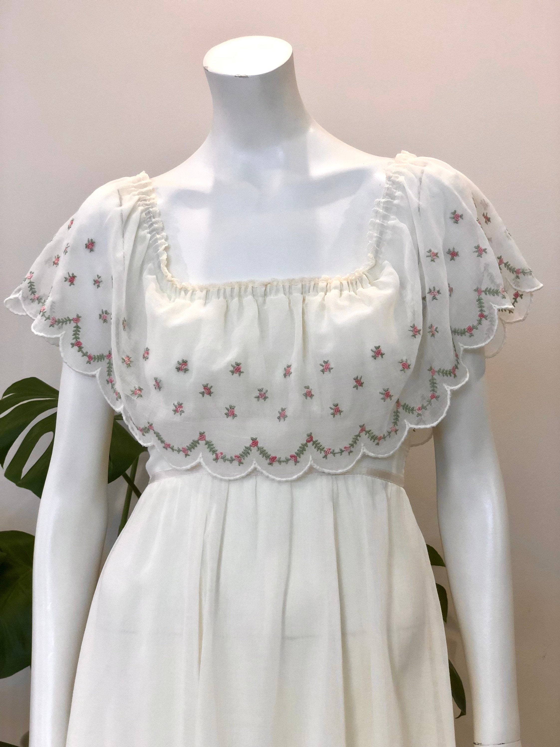 Vintage Gunne Sax by Jessica Floral Embroidered Ivory Cotton Voile Midi ...
