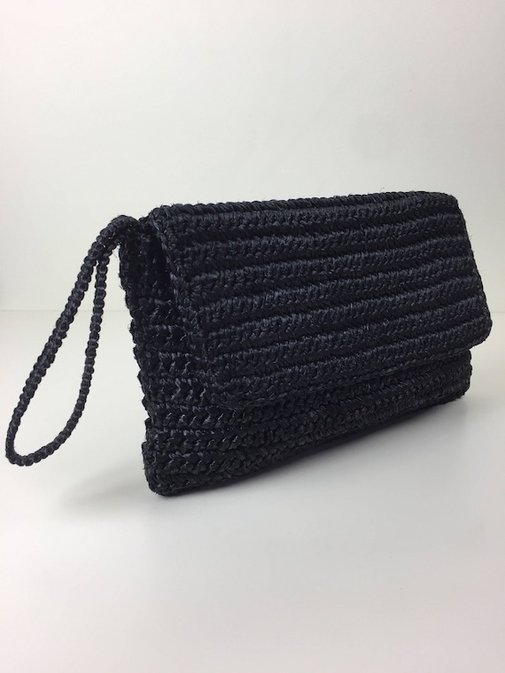 vintage black woven raffia envelope clutch w/ wris