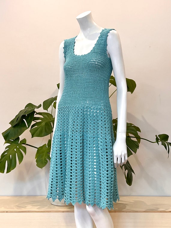 vintage turquoise crocheted open knit tank dress 6