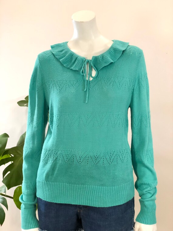 vintage turquoise green pointelle knit lightweigh… - image 7